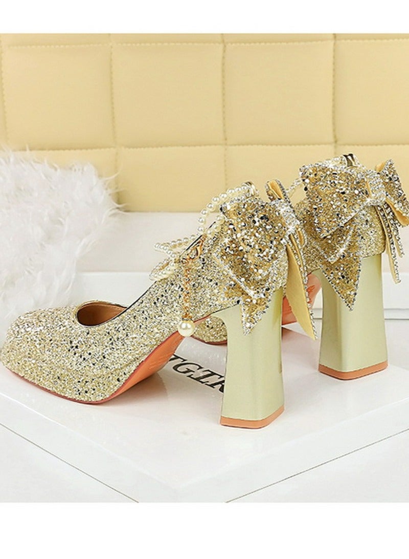BIGTREE Womens Shiny Sequins Platform Chunky High Heel Square Closed Toe Ankle Strap Beaded Bowknot Decoration Pumps Light Gold 9CM - Image 4
