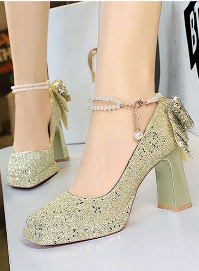 BIGTREE Womens Shiny Sequins Platform Chunky High Heel Square Closed Toe Ankle Strap Beaded Bowknot Decoration Pumps Light Gold 9CM - Image 5