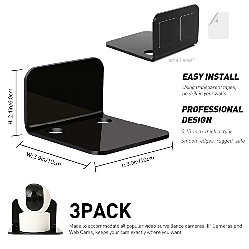 OAPRIRE Acrylic Floating Wall Shelves Set of 3, Drill Free with10 Piece Strong Tapes - Universal Small Adhesive Shelf for Security Cameras, Baby Monitors with Cable Clips (Black) - Image 3