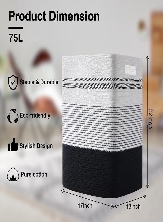 Gleckn Laundry Hamper, Large Woven Rope Tall Laundry Basket With Handles, 22" X 17" X 13", Decorative Storage Basket For Clothes And Blankets In Living Room, Bedroom (Black& White) - Image 3