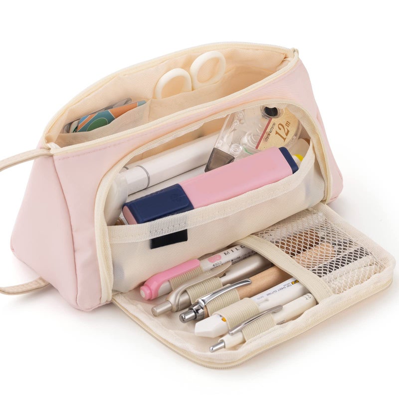 Pink Large Capacity Pencil Case - Durable Polyester Multi-Function Storage Pouch for Students, Travelers and Makeup Enthusiasts - Image 1