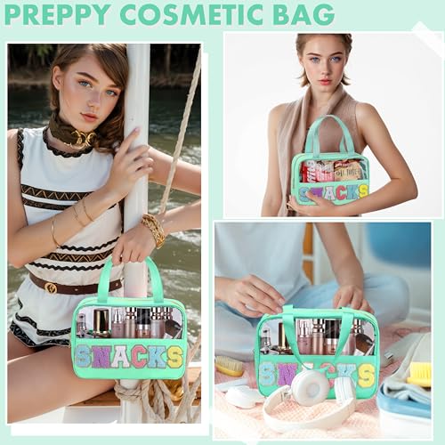 TESAFNG Snack Bag for Travel - Chenille Letter Clear Makeup Bag, Large Preppy Patch Snack Cosmetic Bag with Handle and Zipper, Cute Makeup Pouch Nylon&PVC Waterproof Toiletry Organizer Storage for Women Girls - Image 4