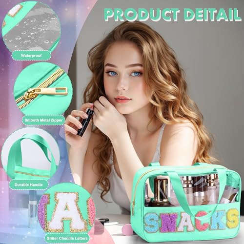TESAFNG Snack Bag for Travel - Chenille Letter Clear Makeup Bag, Large Preppy Patch Snack Cosmetic Bag with Handle and Zipper, Cute Makeup Pouch Nylon&PVC Waterproof Toiletry Organizer Storage for Women Girls - Image 3