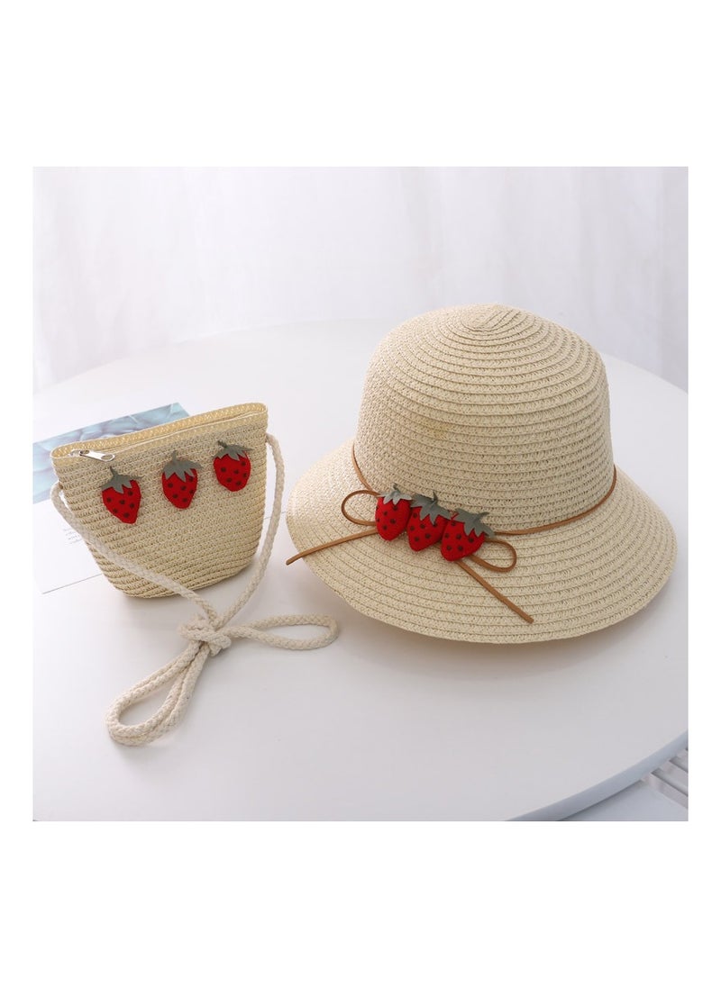 KUYING Children's Cute Parent Child Beach Hat Straw Hat Bag Set Baby Sunshade Fisherman Hat Sun Hat 