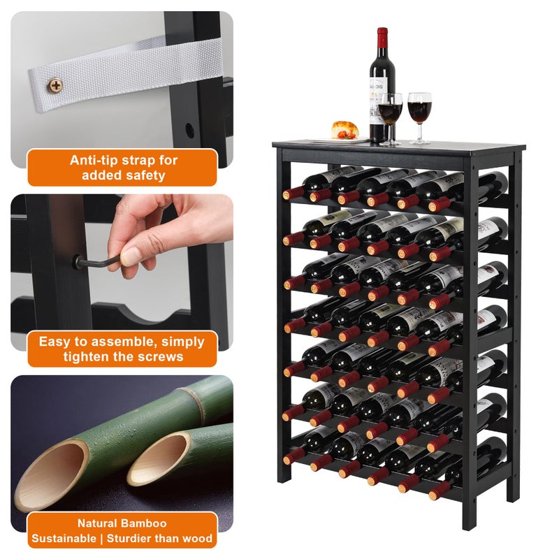 VASMIA 42 Bottles Bamboo Wine Rack,7-Tier Wine Rack Freestanding Floor with Table Top, Wine Storage Shelf for Kitchen Dining Room Bar,Black - Image 5