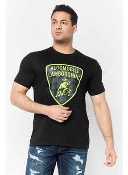 Men Crew Neck Short Sleeves Brand Logo T-Shirts, Black