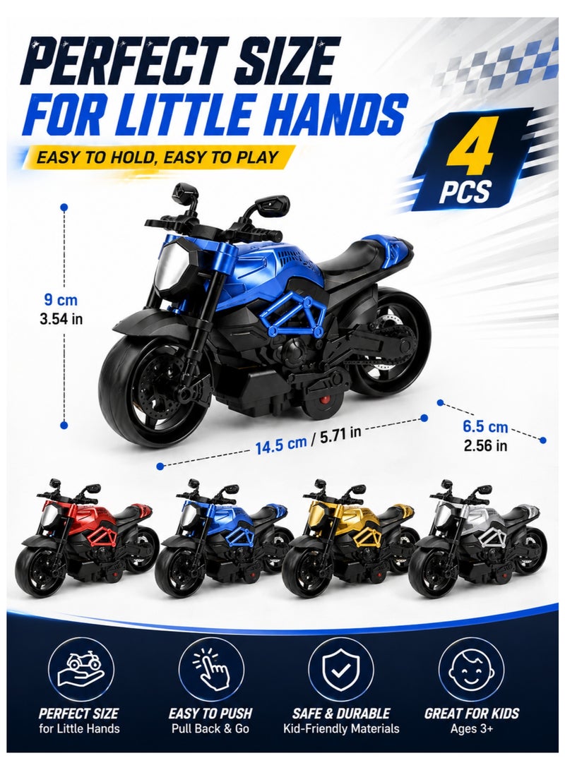 Toy Motorcycle 4 PCS Pull Back Motorcycle Toy Set, Friction Powered Racing Motorbike Toys for Boys, No Battery Push & Go Toy Vehicles, Mini Motorcycle Playset Gift for Kids Age 3+ - Image 3