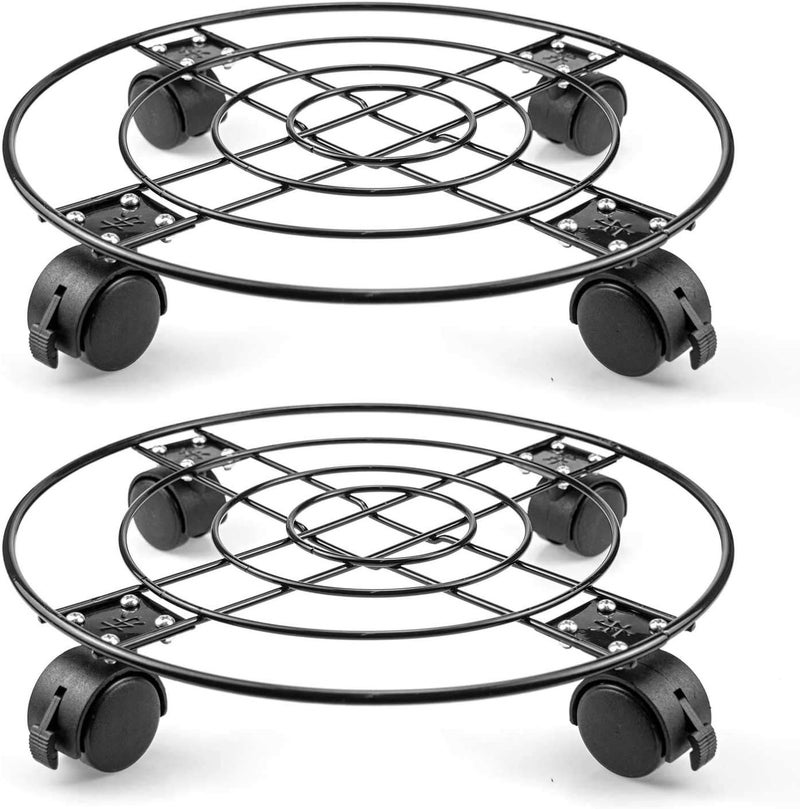 Fasmov 2 Pack 13 inches Plant Caddy Heavy Duty Iron Potted Plant Stand with Lockable Caster Wheels Outdoor Caddy Indoor Plant Dolly Black