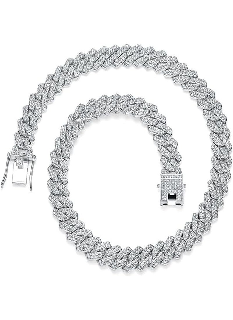 Cool Hip-Hop Mens Diamond Cuban Necklace Silver 55cm Necklace 22inch 