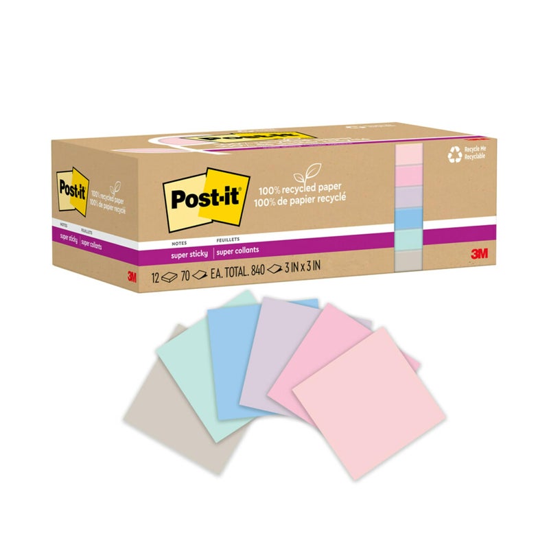 Post It Post-it 100% Recycled Paper Super Sticky Notes, 3 in. x 3 in., 12 Pads, 70 Sheets per Pad, Wanderlust Pastels, School Supplies and Office Products - Image 1