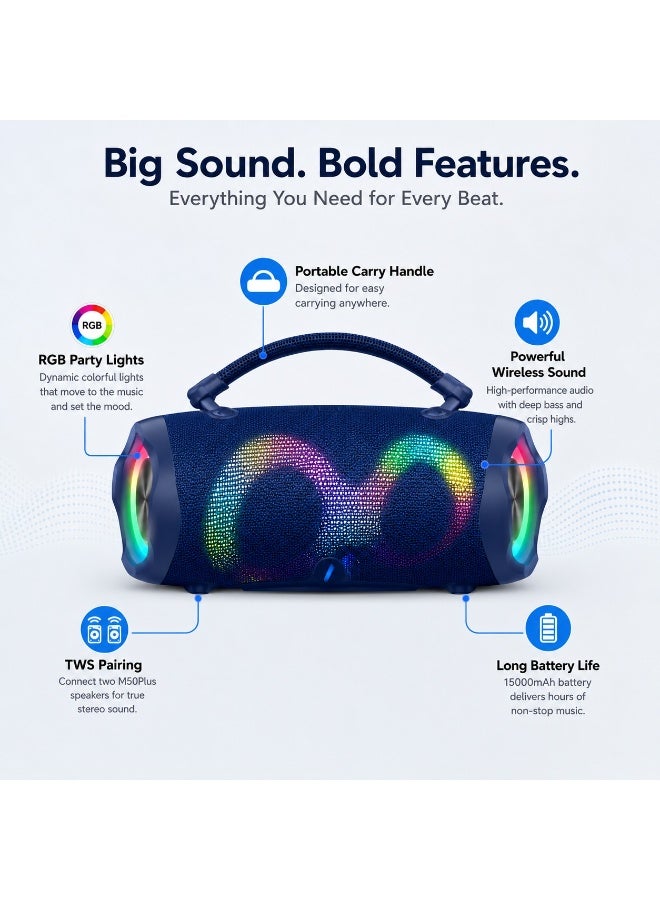 Smartbarry M50 Plus Portable Bluetooth Party Speaker with RGB Lights Deep Bass Sound System 15000mAh Battery TWS Stereo Mode Hands Free Calling USB Rechargeable Wireless Speaker - Image 3