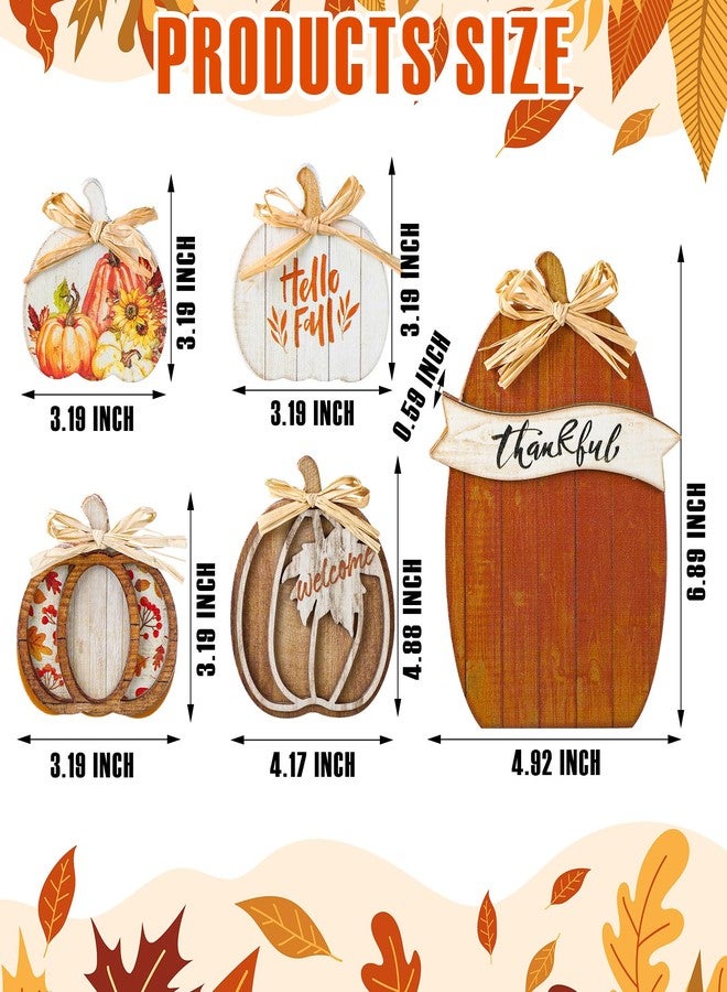 GlikCeil 5 Pcs 3D Fall Pumpkin Tabletop Signs Thanksgiving Pumpkin Decor Harvest Pumpkin Table Block Fall Wood Standups Thanksgiving Tiered Tray Decoration Pumpkin Centerpiece for Home (Brown) - Image 2