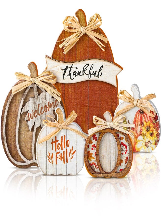 GlikCeil 5 Pcs 3D Fall Pumpkin Tabletop Signs Thanksgiving Pumpkin Decor Harvest Pumpkin Table Block Fall Wood Standups Thanksgiving Tiered Tray Decoration Pumpkin Centerpiece for Home (Brown) - Image 1
