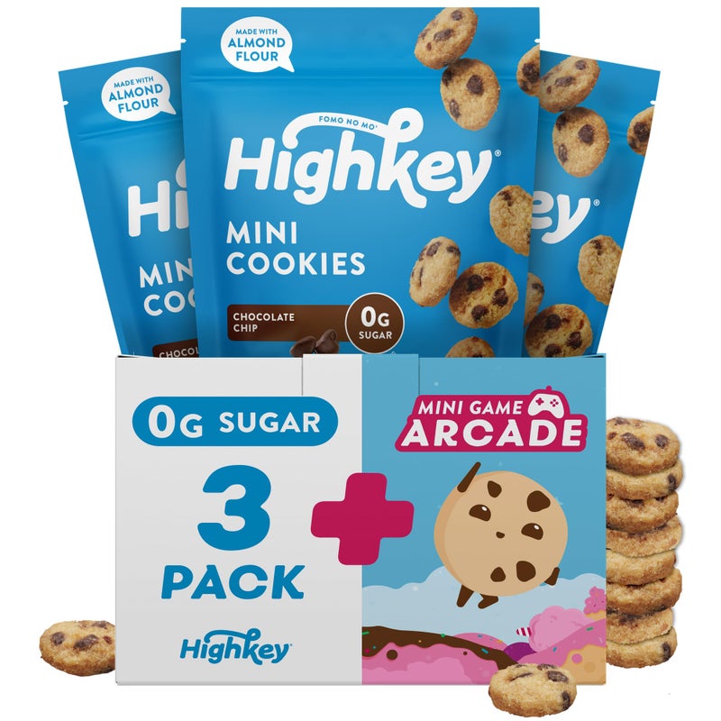 HighKey Keto Chocolate Chip Mini Cookies - Gluten Free Sugar Free Cookies Keto Snack Low Carb Snacks Healthy Protein Diabetic Dessert Food Low Sugar Treat Diet Friendly Sweets 3 Pack + Arcade - Image 1