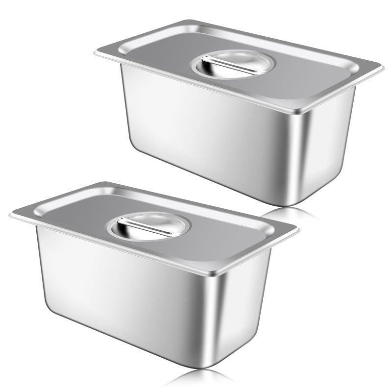 tchrules 2 Pack Hotel Pan With Lids Steam Table Pans 13 Size x 6 Inch Deep Commercial Stainless Steel Pan Restaurant Steam Table Pans