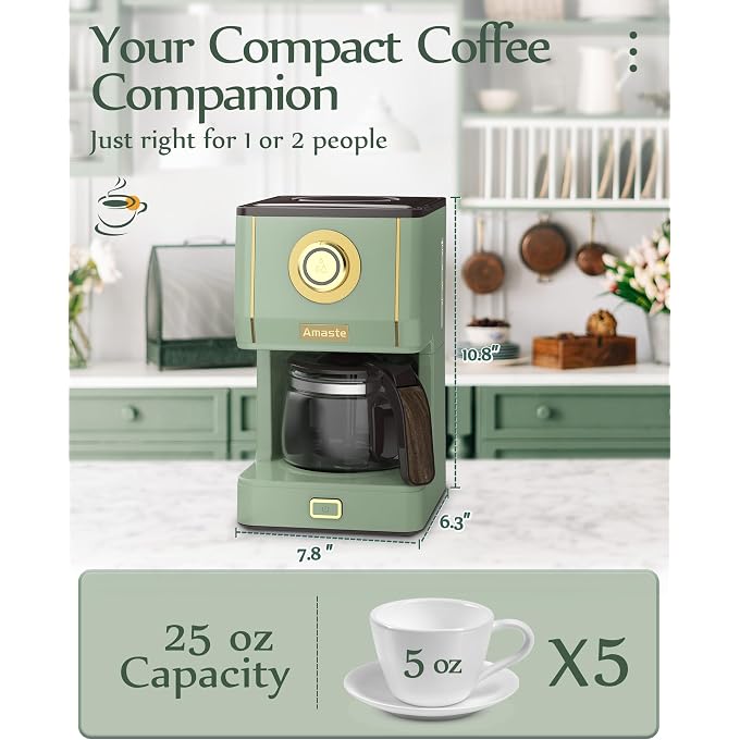 Amaste Drip Coffee Maker, Coffee Machine with 25 Oz Glass Coffee Pot, Retro Style Coffee Maker with Reusable Filter & Three Brewing Modes, Warming Plate, Matcha Green - Image 2