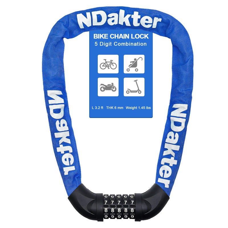 NDakter Bike Chain Lock, 5 Digit Combination Heavy Duty Anti Theft Bicycle Chain Lock,2.62/3.2/4.27/5/6Ft Long Security Resettable Bike Locks for Bike, Bicycle, Scooter, Door, Gate, Fence-4/6mm Thick - Image 1