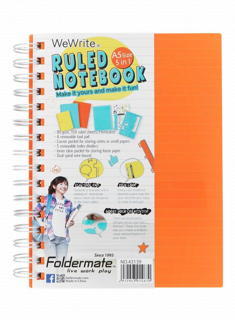 Foldermate A5 Size Spiral Lined 5-Subject Notebook Orange Cover 150 Sheets