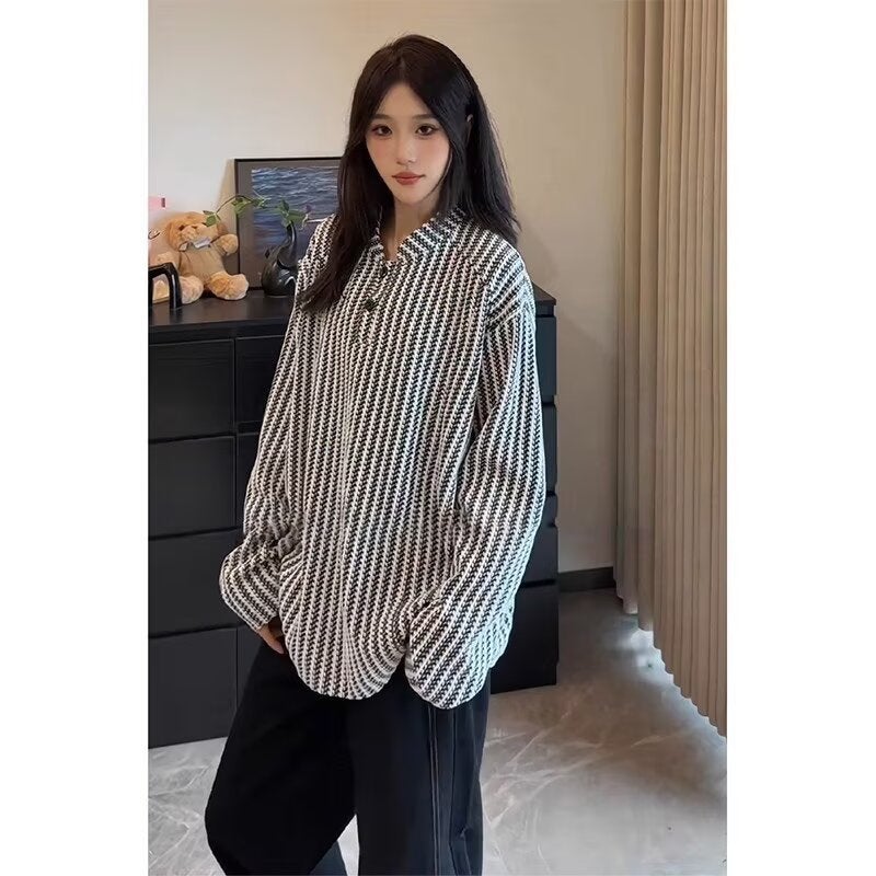 سويت شيرت بقلنسوة هينري بنمط عظم السمكة للنساء، قميص بولو داخلي طويل الأكمام بنمط هوندستوث الثقيل لخريف ١٠٠٪