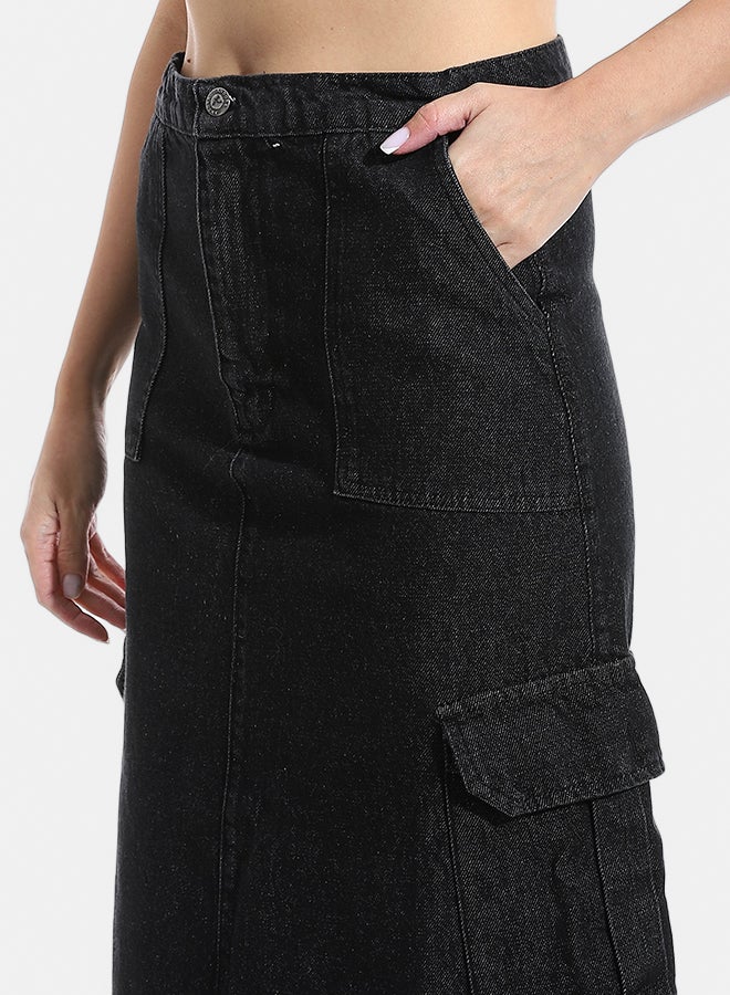 Andora Maxi Slim One Button Closure Denim Skirt - Black_Black - Image 3