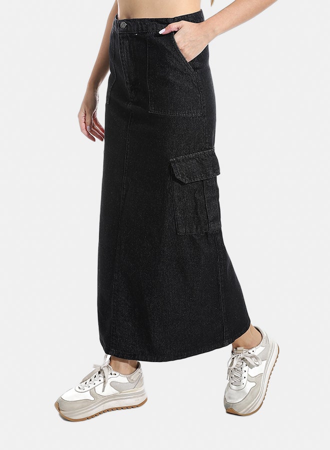 Andora Maxi Slim One Button Closure Denim Skirt - Black_Black - Image 2