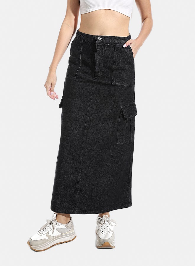 Andora Maxi Slim One Button Closure Denim Skirt - Black_Black - Image 1