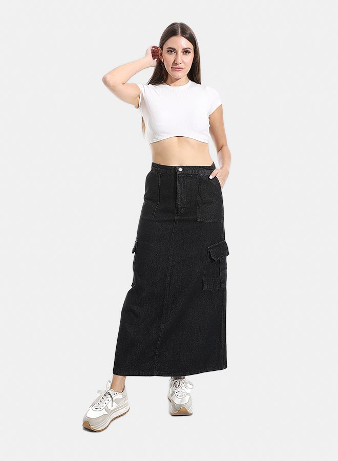 Andora Maxi Slim One Button Closure Denim Skirt - Black_Black - Image 5