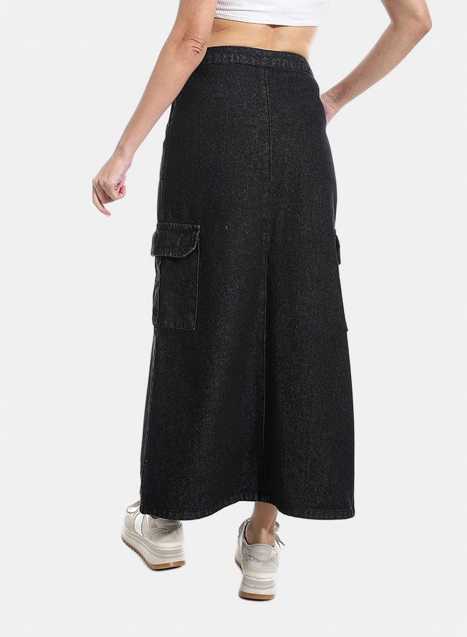 Andora Maxi Slim One Button Closure Denim Skirt - Black_Black - Image 4
