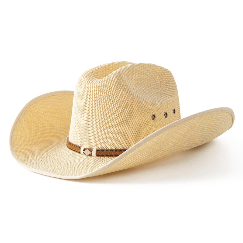 Lanzom Men Wide Brim Western Cowboy Hat Classic Style Straw Western Cowgirl Hat with Leather Buckle (US, Alpha, Medium, Large, Beige) - Image 1