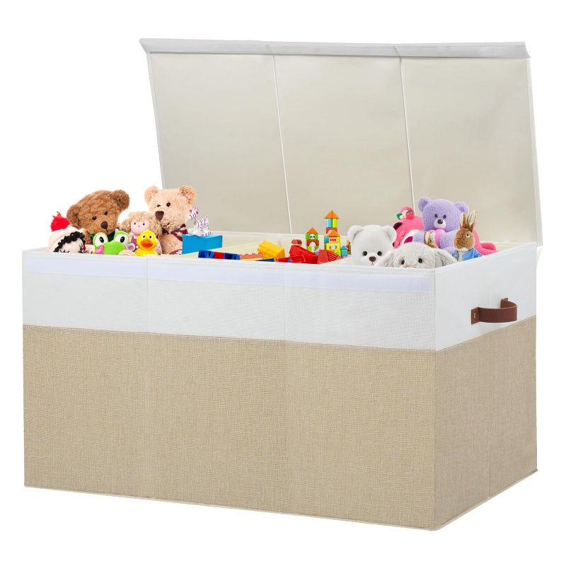 Gowee Extra Large Toy Storage Box with Lid, Sturdy Toys Storage Chest Bin Organizer Basket with Dividers for Kids, Boys, Girls, Nursery, Closet, Bedroom, Playroom 35.5"x17" x17" (Beige and White) - Image 1