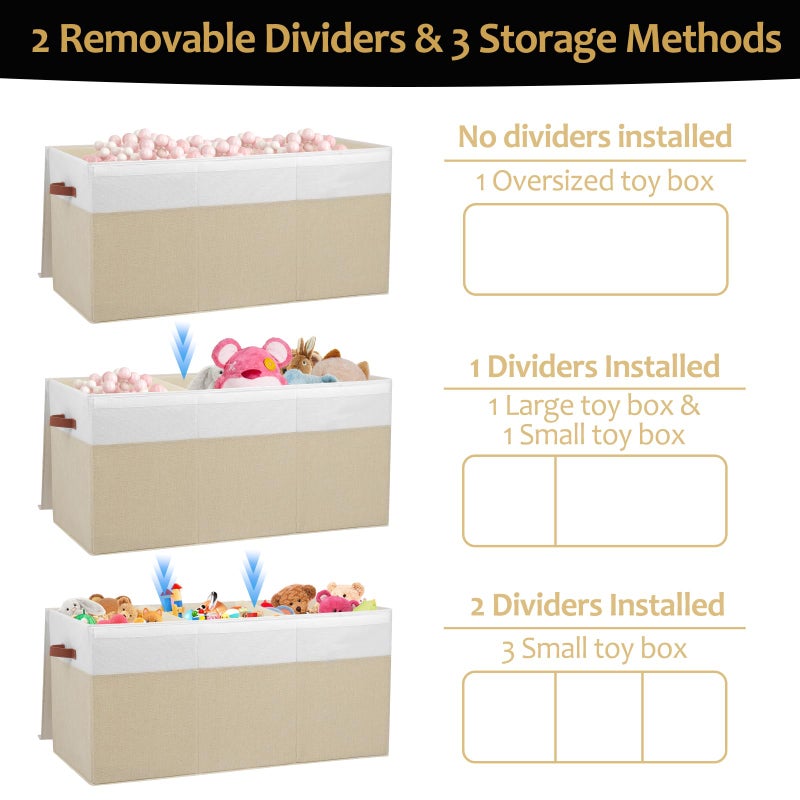 Gowee Extra Large Toy Storage Box with Lid, Sturdy Toys Storage Chest Bin Organizer Basket with Dividers for Kids, Boys, Girls, Nursery, Closet, Bedroom, Playroom 35.5"x17" x17" (Beige and White) - Image 3