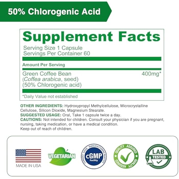 Lovita Green Coffee Bean Extract 1600 mg Equivalent, High Potent Green Coffee Extract with 50% Chlorogenic Acid for Natural Antioxidant & Size Reduction, Vegan Friendly, 60 Veggie Capsules - Image 2