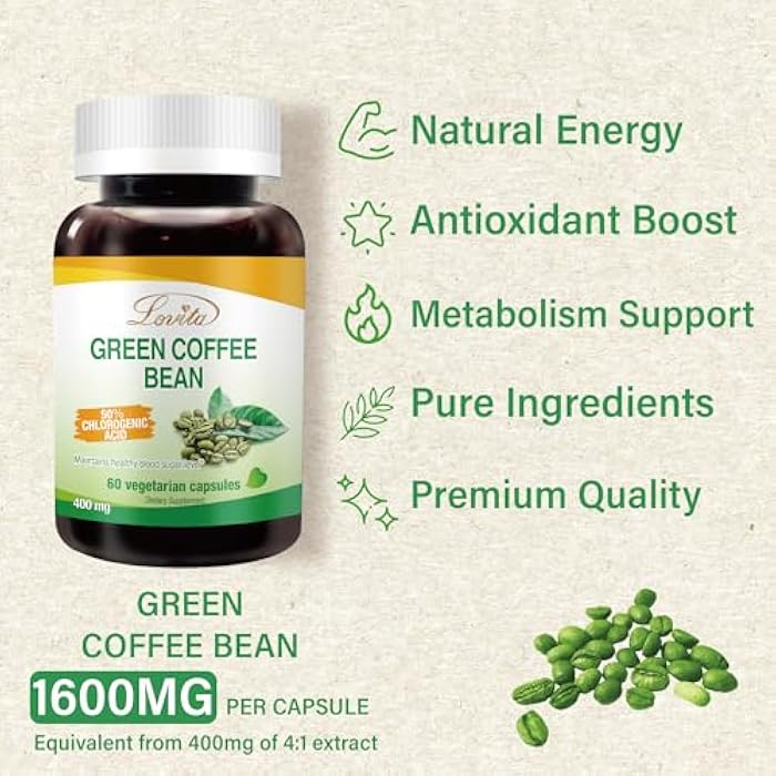 Lovita Green Coffee Bean Extract 1600 mg Equivalent, High Potent Green Coffee Extract with 50% Chlorogenic Acid for Natural Antioxidant & Size Reduction, Vegan Friendly, 60 Veggie Capsules - Image 4