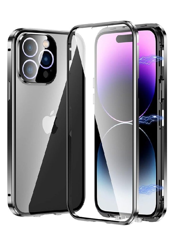 FOCUS Metal Case for iPhone 14 Pro, 360° Full Protection Ultra-Thin Clear Double Sided Tempered Glass Screen Protector Case Cover with Safety Lock and Camera Lens Protector (14 Pro , Black) - Image 1