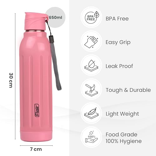 Flair Arrow Steel 900 | 650 ml, Pink, Hot & Cold | Leak Proof | Wide Mouth & Easy to Open | Insulated Inner Steel Outer Plastic Water Bottle | Travel-Friendly | Perfect for Daily Use - Image 2