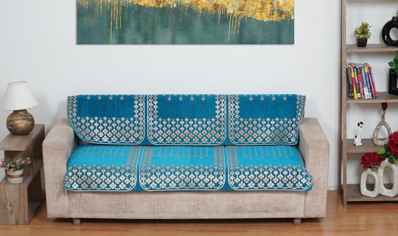 MORADO Chenille 7 Seater Sofa Covers Slipcover for Living Room, Drawing Room and Offce Star Pattern - Aqua - Image 2