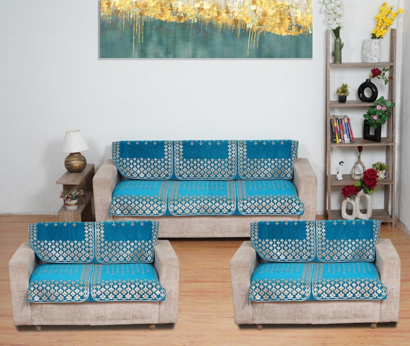 MORADO Chenille 7 Seater Sofa Covers Slipcover for Living Room, Drawing Room and Offce Star Pattern - Aqua - Image 5