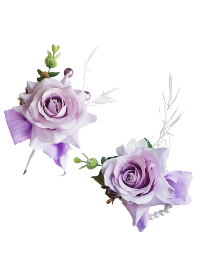 Yesky YESKY Rose Corsage and Boutonniere Set  2PCS Handmade Artificial Flower Bride Wrist Corsage Wristlet Bracelets Wristband Men Boutonniere for Wedding Flowers Accessories Prom Suit Decorations  - Image 1