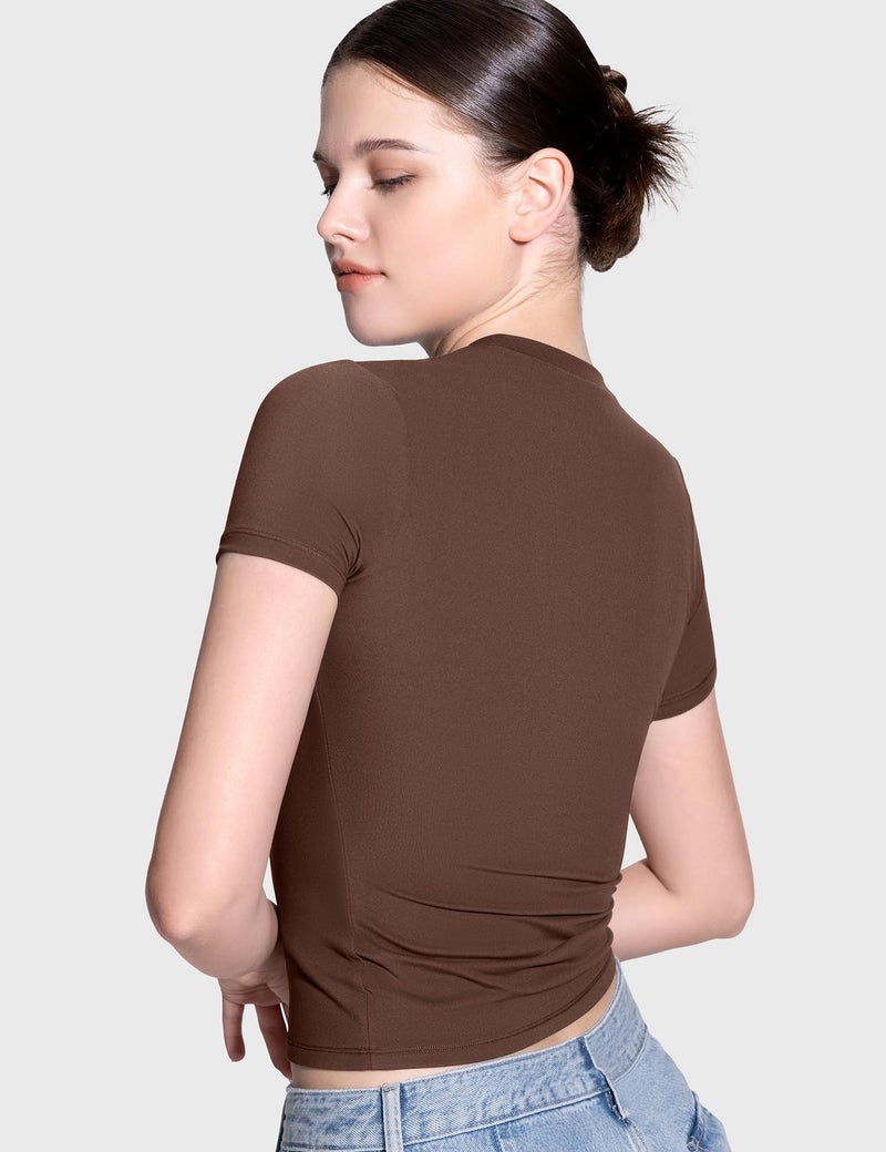 PUMIEY Crop Tops for Women Crew Neck Short Sleeve T Shirts Summer Y2K Going Out Top, Chocolate Small - Image 4