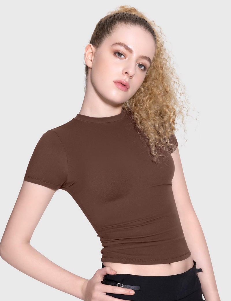 PUMIEY Crop Tops for Women Crew Neck Short Sleeve T Shirts Summer Y2K Going Out Top, Chocolate Small - Image 3