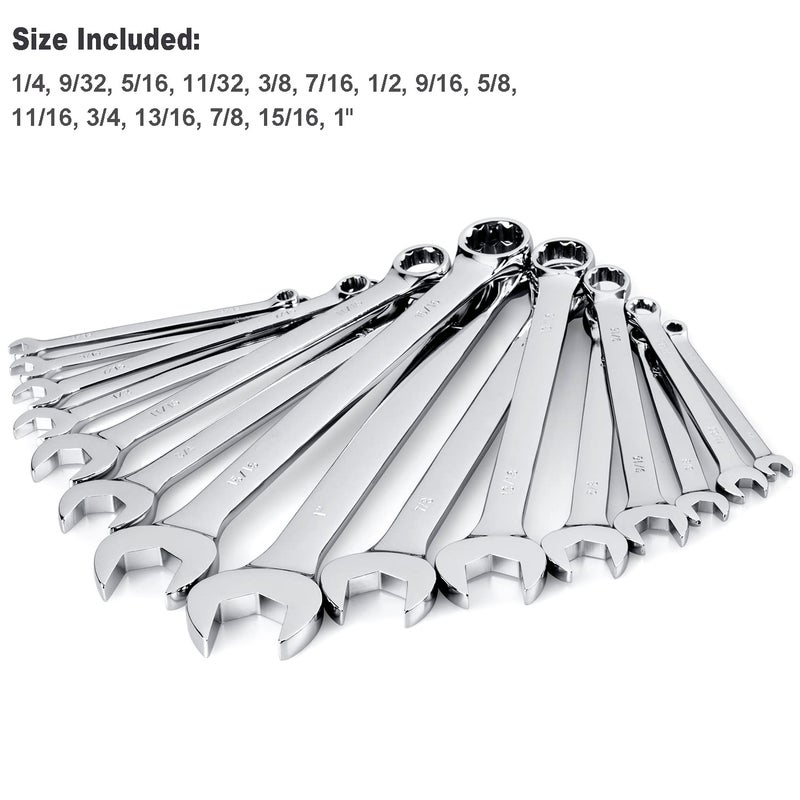 EFFICERE Max Torque 15-Piece Premium Combination Wrench Set, Complete SAE Inch Sizes from 1/4â€ to 1â€ with Rack Organizer | Cr-V Steel, Mirror Chrome Finish, Long Pattern, V-Groove Open End and 12-Point Box End - Image 2