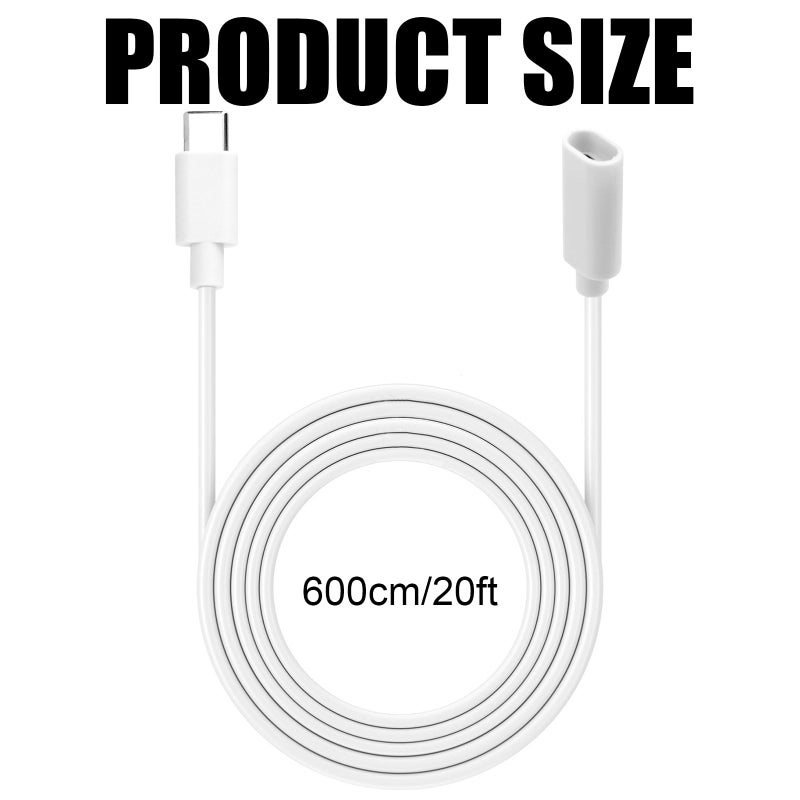 BTFO White USB-c Male to Female Extension Power Cable, 6m/20ft Long Type C-Shaped Extender Wire Cord Compatible with Solar Panel Pan-Tilt Indoor Camera (2024 Version)/ Mag-Safe Charger - Image 2