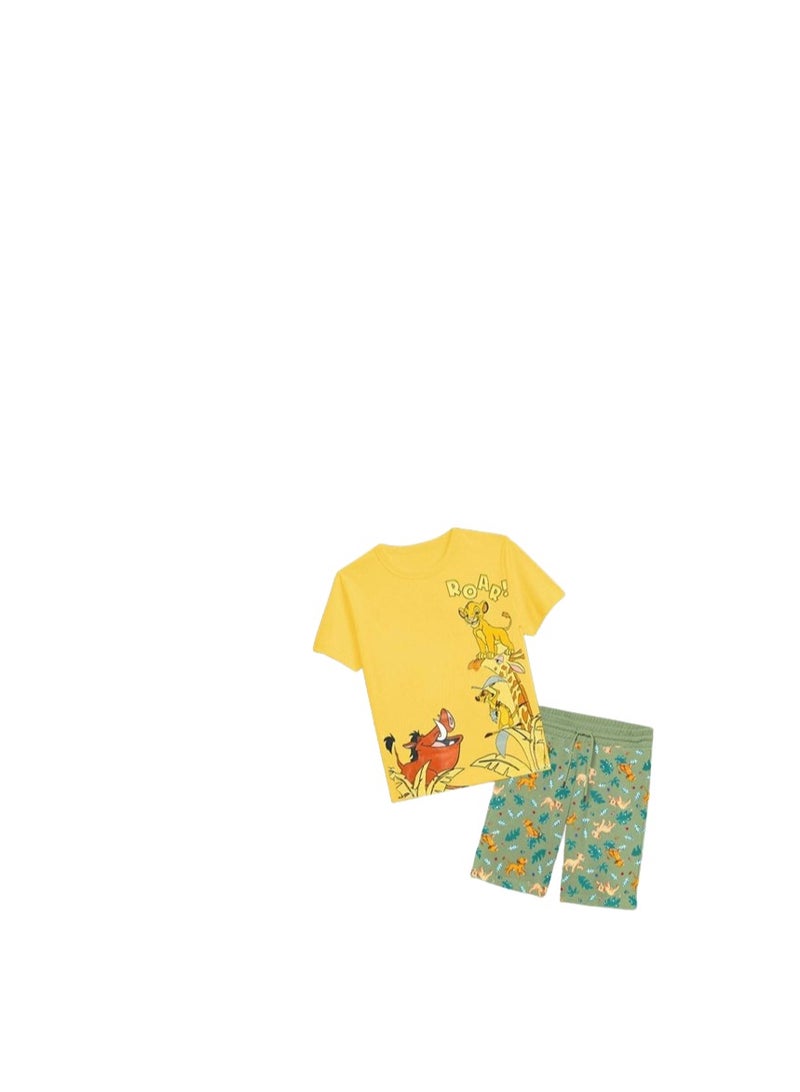 Boys' summer pajamas, two pieces, a yellow T-shirt with a T-shirt and green shorts