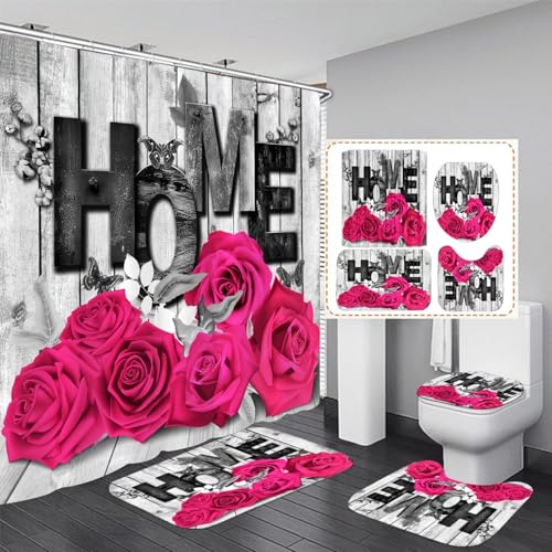 Yddsky Pink Rose Valentines 4 Pcs Shower Curtain Sets Non-Slip Rugs Bath Mat Toilet Cover U Shaped Mat Romantic Pink Bathroom Decor with 12 Hooks Valentines Day Bathroom Set - Image 1