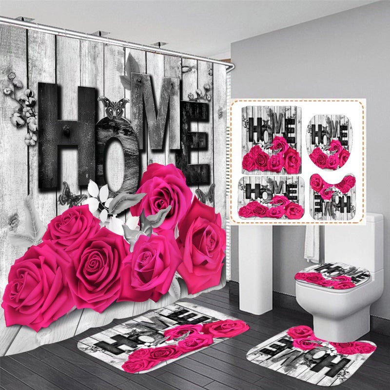 Yddsky Pink Rose Valentines 4 Pcs Shower Curtain Sets Non-Slip Rugs Bath Mat Toilet Cover U Shaped Mat Romantic Pink Bathroom Decor with 12 Hooks Valentines Day Bathroom Set - Image 5