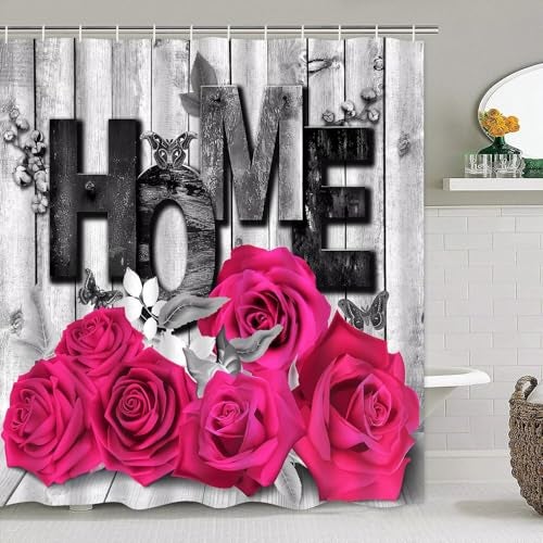 Yddsky Pink Rose Valentines 4 Pcs Shower Curtain Sets Non-Slip Rugs Bath Mat Toilet Cover U Shaped Mat Romantic Pink Bathroom Decor with 12 Hooks Valentines Day Bathroom Set - Image 2
