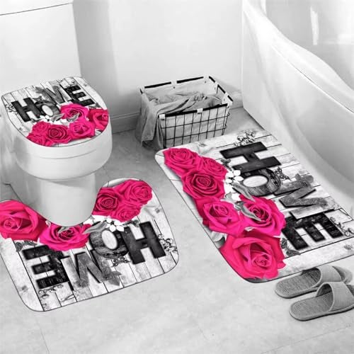 Yddsky Pink Rose Valentines 4 Pcs Shower Curtain Sets Non-Slip Rugs Bath Mat Toilet Cover U Shaped Mat Romantic Pink Bathroom Decor with 12 Hooks Valentines Day Bathroom Set - Image 4