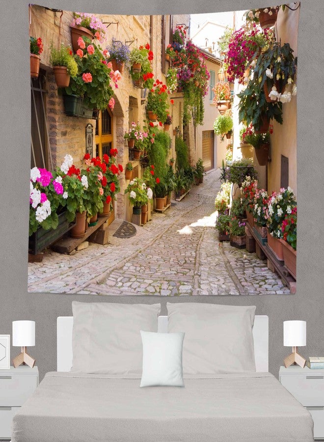 Loccor Italy Town Street Tapestry Medieval Village Town Scenery Alley Stone Path Colorful Flowers Wall Hanging Tapestry Home Bedroom Living Room Dorm Decor 118''x 98'' - Image 4