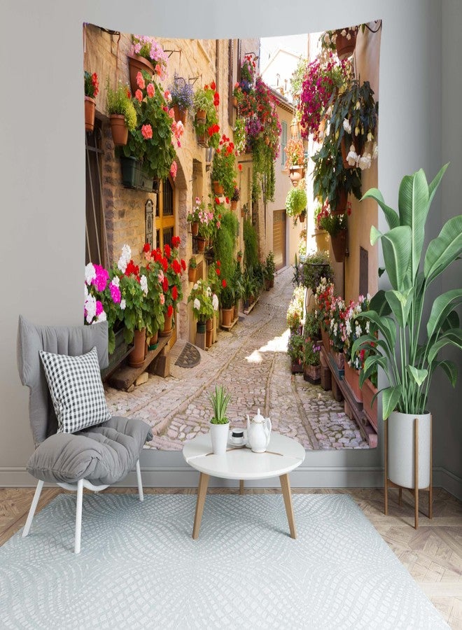 Loccor Italy Town Street Tapestry Medieval Village Town Scenery Alley Stone Path Colorful Flowers Wall Hanging Tapestry Home Bedroom Living Room Dorm Decor 118''x 98'' - Image 3