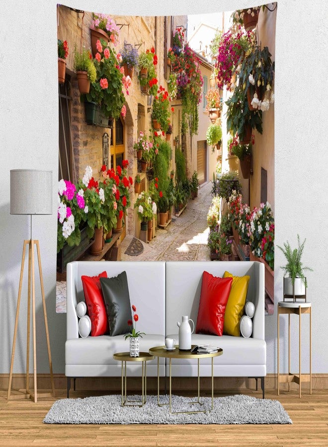 Loccor Italy Town Street Tapestry Medieval Village Town Scenery Alley Stone Path Colorful Flowers Wall Hanging Tapestry Home Bedroom Living Room Dorm Decor 118''x 98'' - Image 2